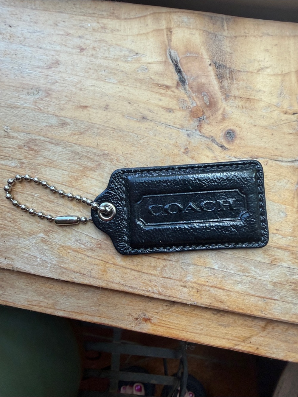 Coach Black Embossed Leather Key Tag with Ball Chain